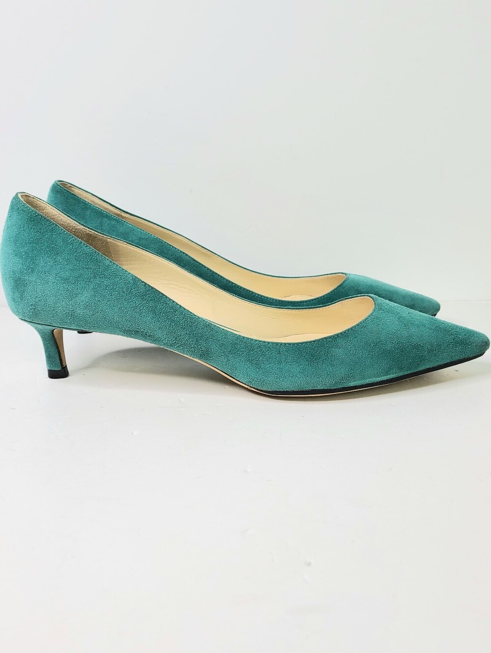 Jimmy Choo London Amelia Kitten Heel Pointed Toe Teal Green Suede Pump Heels